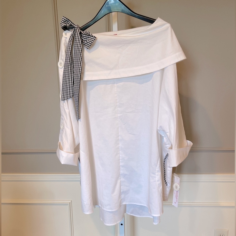 IC by Connie K 3X NWT shirt blouse white tunic button sleeves boat neck plaid